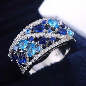 BLUE GEM SILVER DIAMOND BRIDAL RING